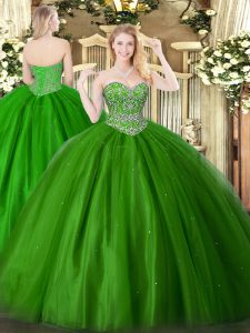 Clearance Green Sleeveless Floor Length Beading Lace Up Quinceanera Gowns