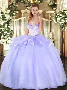 Lavender Ball Gowns Organza Sweetheart Sleeveless Beading Floor Length Lace Up Sweet 16 Quinceanera Dress