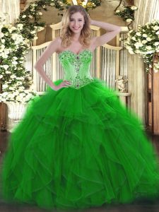 Floor Length Lace Up Sweet 16 Dresses Green for Sweet 16 and Quinceanera with Beading and Ruffles