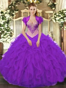 V-neck Sleeveless 15th Birthday Dress Floor Length Beading and Ruffles Purple Organza
