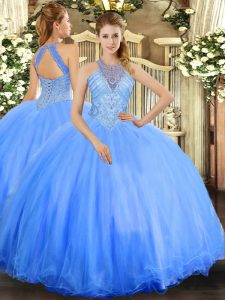 Extravagant Blue Ball Gowns Tulle Halter Top Sleeveless Beading Floor Length Lace Up Sweet 16 Dress