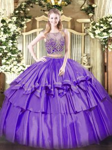 Best Sleeveless Organza and Taffeta Floor Length Lace Up Vestidos de Quinceanera in Lavender with Beading and Ruffled La