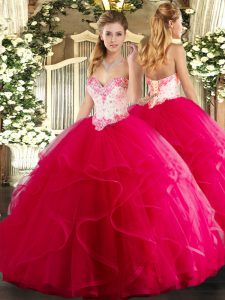 Fashion Beading and Ruffles 15th Birthday Dress Hot Pink Lace Up Sleeveless Floor Length