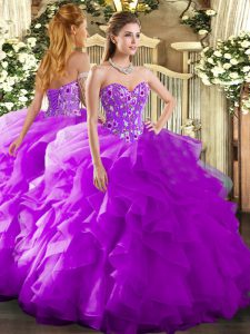 Floor Length Purple 15th Birthday Dress Organza Sleeveless Embroidery and Ruffles