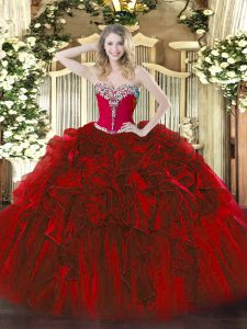 Sleeveless Organza Floor Length Lace Up 15th Birthday Dress in Wine Red with Beading and Ruffles