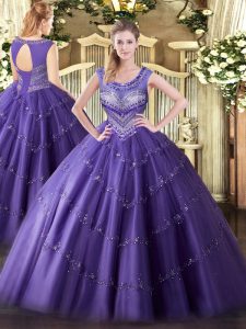 Purple Sleeveless Beading and Appliques Floor Length 15th Birthday Dress