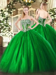 Green Ball Gowns Tulle Strapless Sleeveless Beading Floor Length Lace Up Ball Gown Prom Dress