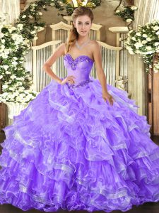 Customized Lavender Ball Gowns Beading and Ruffled Layers Vestidos de Quinceanera Lace Up Organza Sleeveless Floor Lengt
