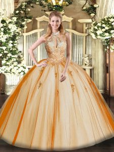 Deluxe Lace and Appliques Sweet 16 Dresses Orange Red Lace Up Sleeveless Floor Length