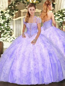 New Arrival Lavender Strapless Lace Up Appliques and Ruffles Vestidos de Quinceanera Sleeveless