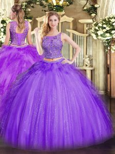 Lavender Scoop Lace Up Beading and Ruffles Sweet 16 Dress Sleeveless
