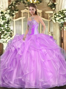 Inexpensive Beading and Ruffles Vestidos de Quinceanera Lilac Lace Up Sleeveless Floor Length