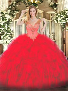 Charming Red Lace Up Sweet 16 Dress Beading and Ruffles Sleeveless Floor Length