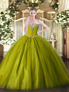 Olive Green Ball Gowns Sweetheart Sleeveless Tulle Floor Length Lace Up Beading Quinceanera Dresses