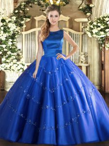 Sleeveless Tulle Floor Length Lace Up Quinceanera Dresses in Blue with Appliques