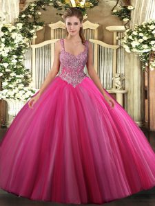 Pretty Hot Pink Lace Up 15 Quinceanera Dress Beading Sleeveless Floor Length