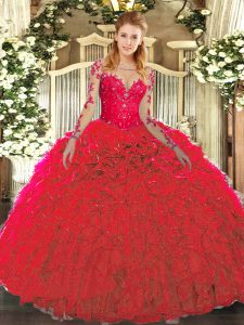 Latest Organza Sleeveless Floor Length 15th Birthday Dress and Lace and Ruffles