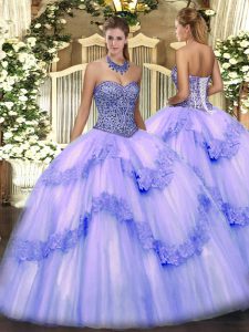 Noble Lavender Tulle Lace Up Quinceanera Dresses Sleeveless Floor Length Beading and Appliques and Ruffles