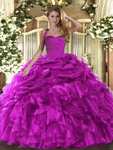 Dazzling Ball Gowns Quince Ball Gowns Fuchsia Halter Top Organza Sleeveless Floor Length Lace Up
