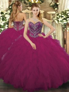Tulle Sweetheart Sleeveless Lace Up Beading and Ruffled Layers Sweet 16 Dress in Fuchsia