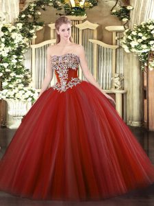 Artistic Wine Red Strapless Neckline Beading Quinceanera Gown Sleeveless Lace Up