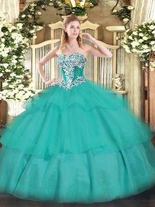 Fashion Turquoise Sleeveless Floor Length Beading and Ruffled Layers Lace Up Quince Ball Gowns