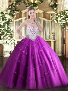 Colorful Fuchsia Sleeveless Tulle Zipper Quinceanera Gown for Military Ball and Sweet 16 and Quinceanera