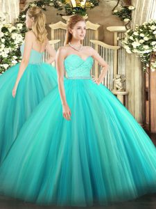 Fashionable Beading and Lace Sweet 16 Quinceanera Dress Turquoise Zipper Sleeveless Floor Length