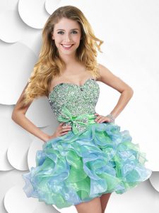 Multi-color Zipper Prom Gown Beading and Ruffles and Bowknot Sleeveless Mini Length