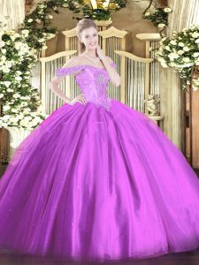 Lilac Sleeveless Floor Length Beading Lace Up 15th Birthday Dress