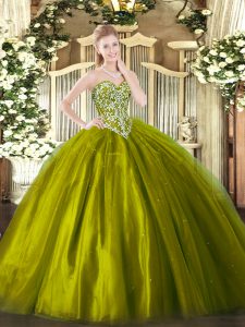 Sophisticated Sweetheart Sleeveless Quinceanera Dress Floor Length Beading Olive Green Tulle