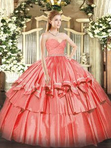 Admirable Watermelon Red Ball Gowns Beading and Lace and Ruffled Layers Quinceanera Gown Zipper Organza Sleeveless Floor