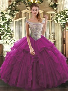 Fuchsia Off The Shoulder Lace Up Beading and Ruffles Quinceanera Gown Sleeveless