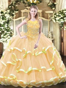 Adorable Sleeveless Floor Length Beading and Ruffled Layers Zipper Quinceanera Dresses with Gold