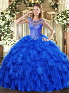 High Class Organza Scoop Sleeveless Lace Up Beading and Ruffles Ball Gown Prom Dress in Royal Blue