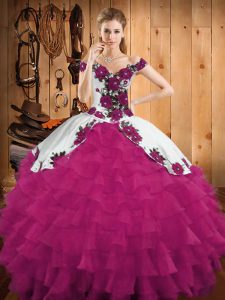 Organza Off The Shoulder Sleeveless Lace Up Embroidery and Ruffled Layers 15th Birthday Dress in Fuchsia