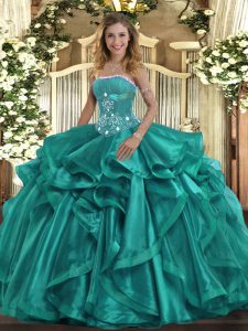 Unique Floor Length Turquoise Quinceanera Gown Organza Sleeveless Beading and Ruffles