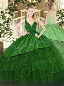 Dynamic Dark Green Organza and Taffeta Zipper Straps Sleeveless Floor Length 15th Birthday Dress Beading and Embroidery 