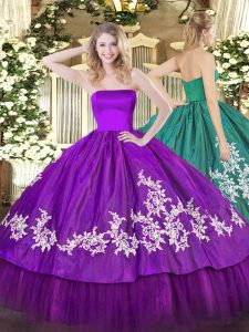 Purple Strapless Neckline Embroidery Ball Gown Prom Dress Sleeveless Zipper