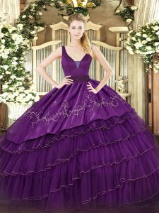 Beauteous Floor Length Zipper Sweet 16 Quinceanera Dress Purple for Military Ball and Sweet 16 and Quinceanera with Embr