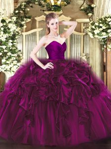 Chic Fuchsia Organza Zipper 15th Birthday Dress Sleeveless Floor Length Ruffles