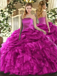 Sleeveless Floor Length Ruffles and Pick Ups Lace Up Sweet 16 Dresses with Fuchsia