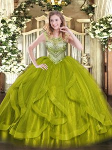 Most Popular Olive Green Ball Gowns Beading Quinceanera Dress Lace Up Tulle Sleeveless Floor Length