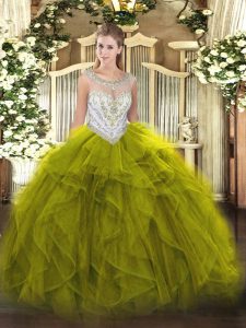 Olive Green Tulle Zipper Quinceanera Gowns Sleeveless Floor Length Beading and Ruffles
