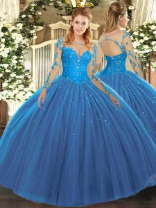 Teal Tulle Lace Up Scoop Long Sleeves Floor Length Quinceanera Gown Lace