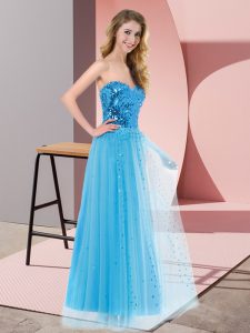 Sweetheart Sleeveless Prom Party Dress Floor Length Sequins Blue Tulle