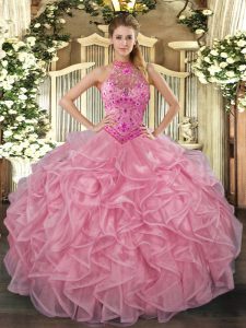 Extravagant Baby Pink Lace Up Quinceanera Dresses Embroidery and Ruffles Sleeveless Floor Length