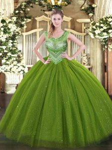 Fitting Floor Length Ball Gowns Sleeveless Olive Green Quince Ball Gowns Lace Up