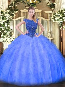 Blue Ball Gowns Scoop Sleeveless Tulle Floor Length Zipper Beading and Ruffles Quince Ball Gowns