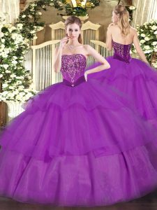Purple Strapless Lace Up Beading and Ruffled Layers Quinceanera Dresses Sleeveless